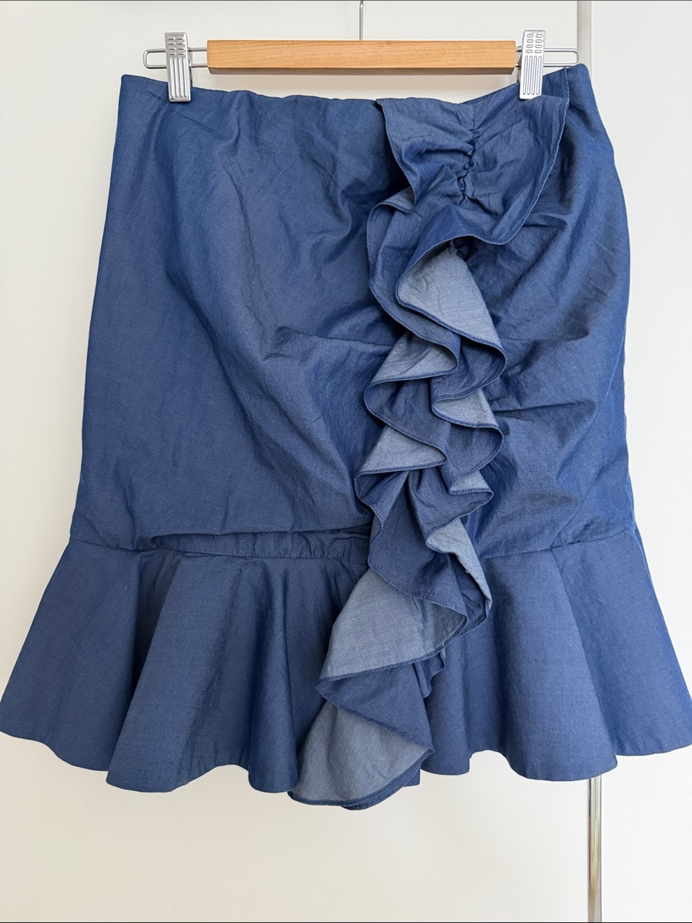 Caroline Constas Navy Ruffle Denim Mini Skirt